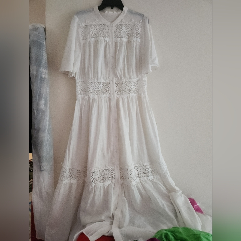 H&M Lace-inset Cotton Maxi Dress Tiered Woven Unlined/See Through White  NWT - Picture 2 of 15